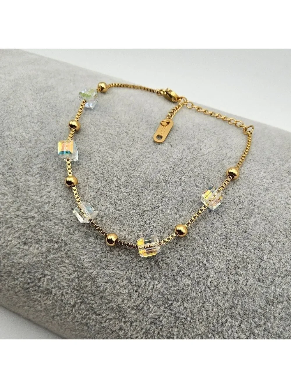 18k Gold Plated Stainless Steel Satellite Chain Bracelet, Iridescent Cube Bead